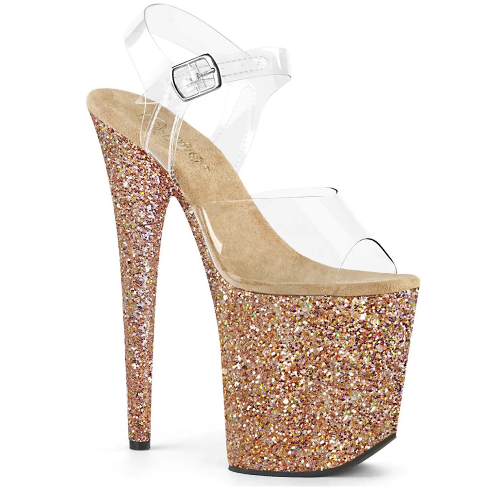 Beautiful rose gold glitter pleasers size 7 and 8” high.